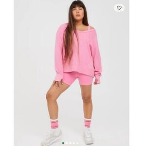 Aerie OFFLINE WOW Waffle Knit Oversized V Neck Lounge Top Pink Sz XL